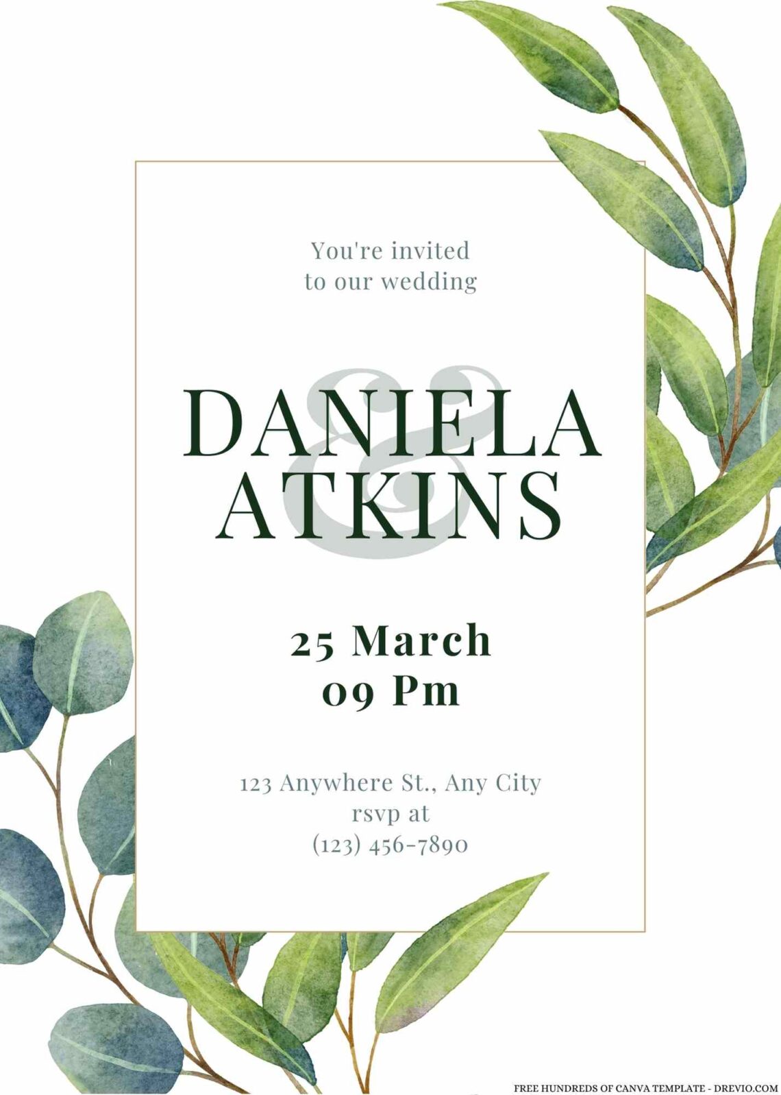 Free Editable Bouquet Eucalyptus Green Leaves Wedding Invitation