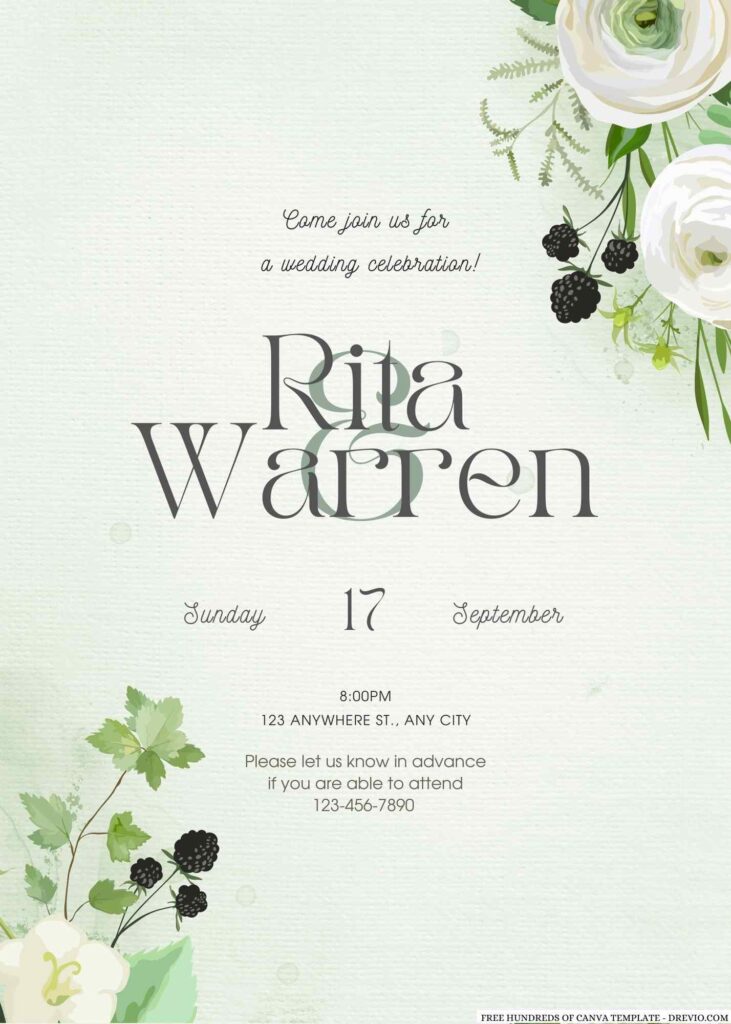 Free Editable Greenery Leaf Floral Watercolor Wedding Invitation