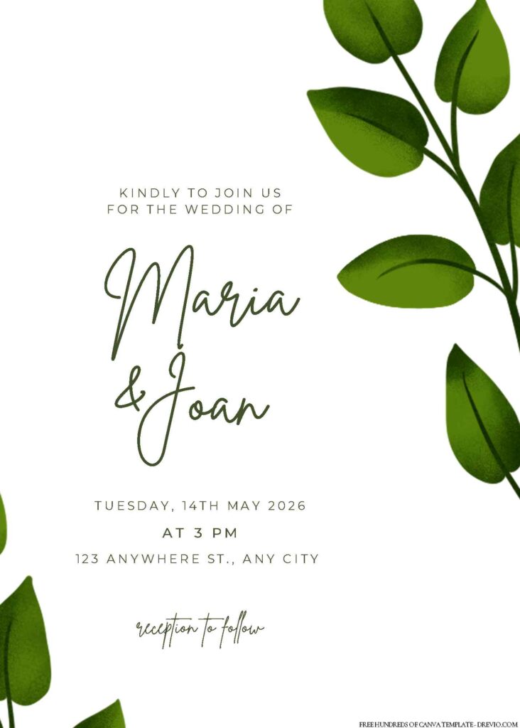 Free Editable Watercolor Branches Green Leaves Wedding Invitation