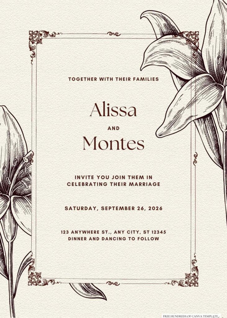 Free Editable Vintage Line Floral Garden Wedding Invitation