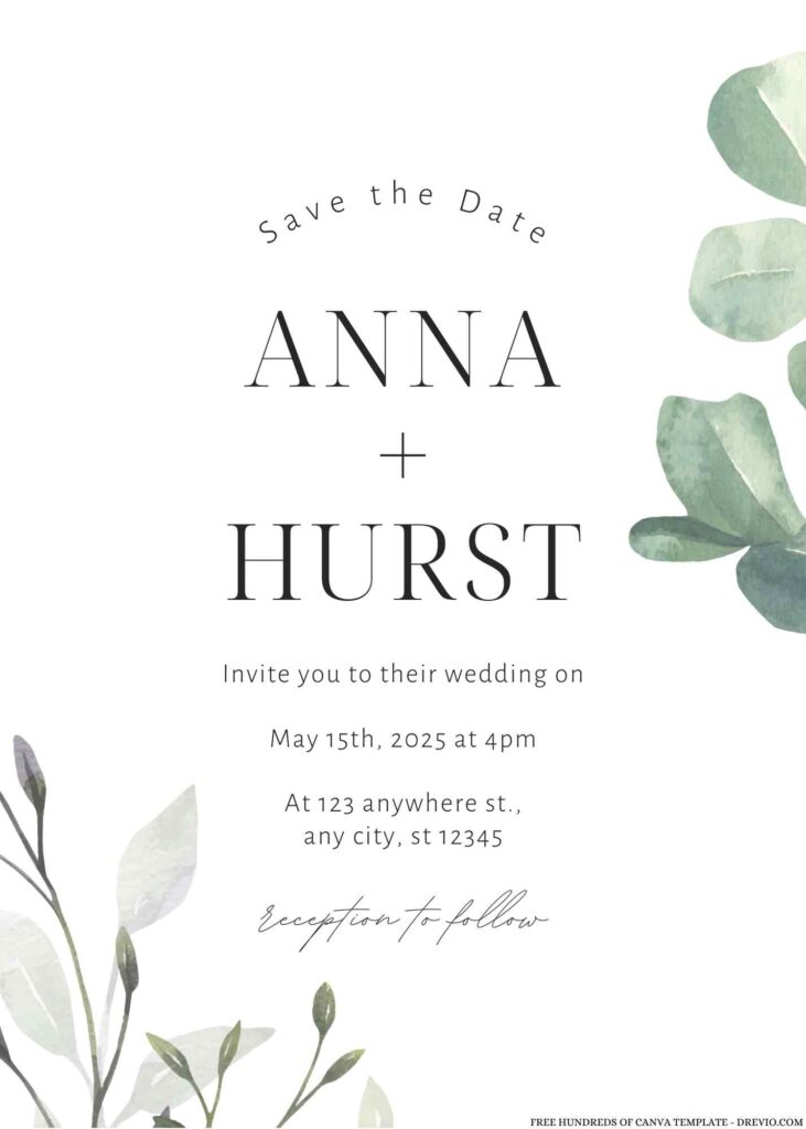 Free Editable Watercolor Green Leaves Eucalyptus Wedding Invitation