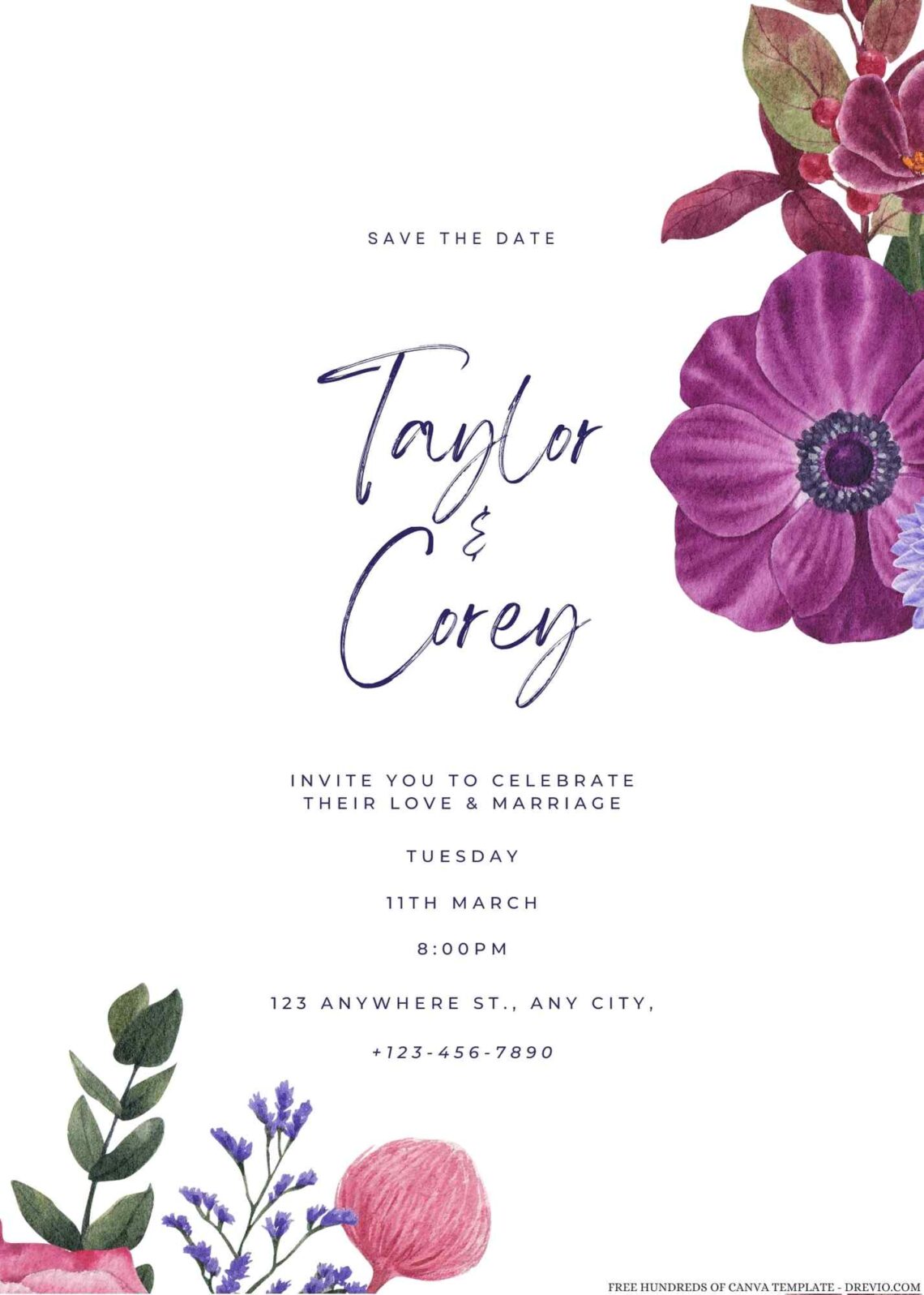 20+ Watercolor Mauve Floral Canva Wedding Invitation Templates ...