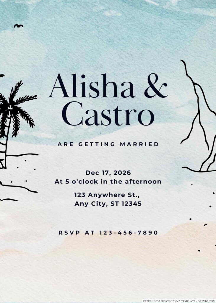 Free Editable Panoramic Beach View Sketch Wedding Invitation