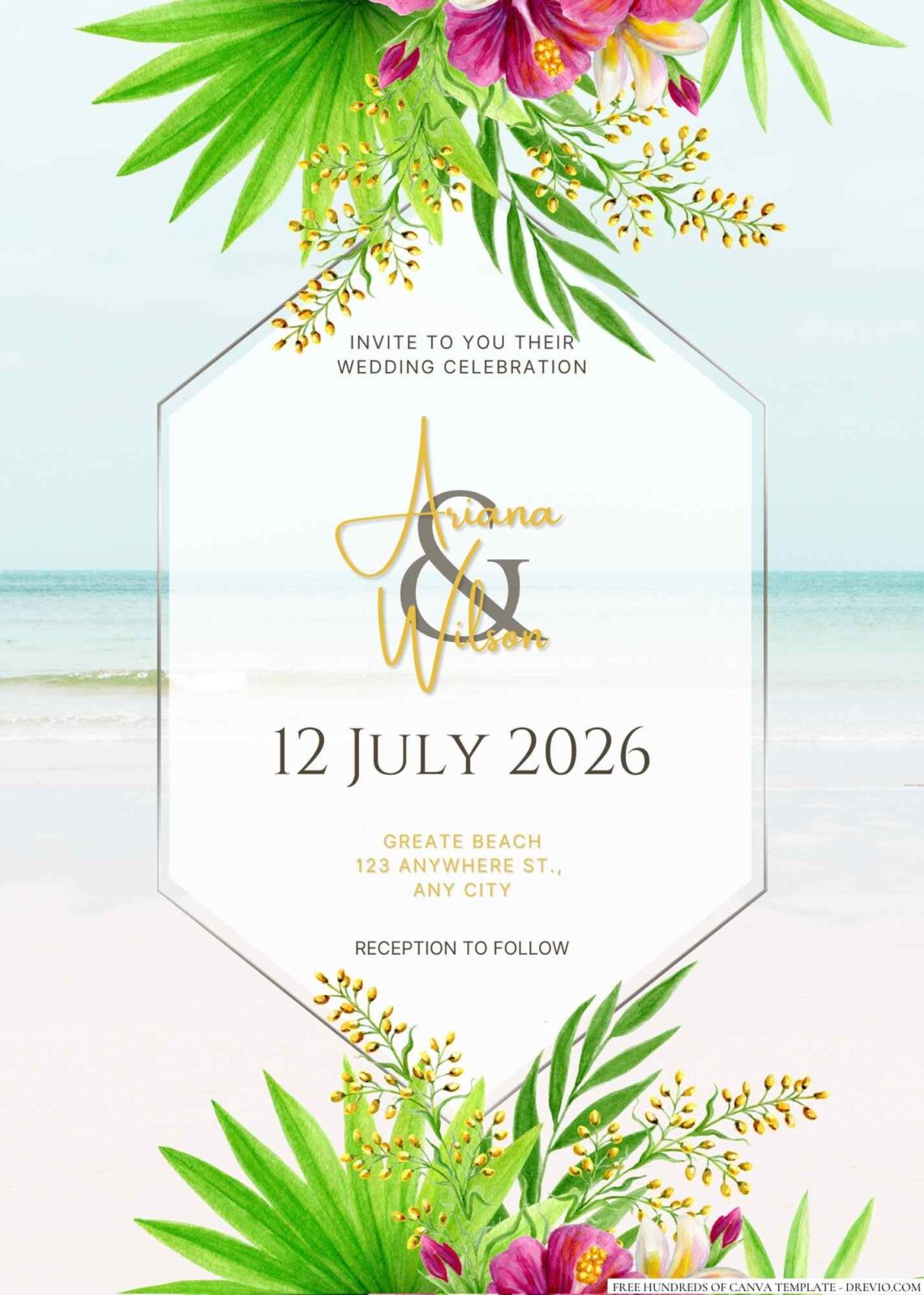 Free Editable Tropical Bouquet Watercolor Green Wedding Invitation
