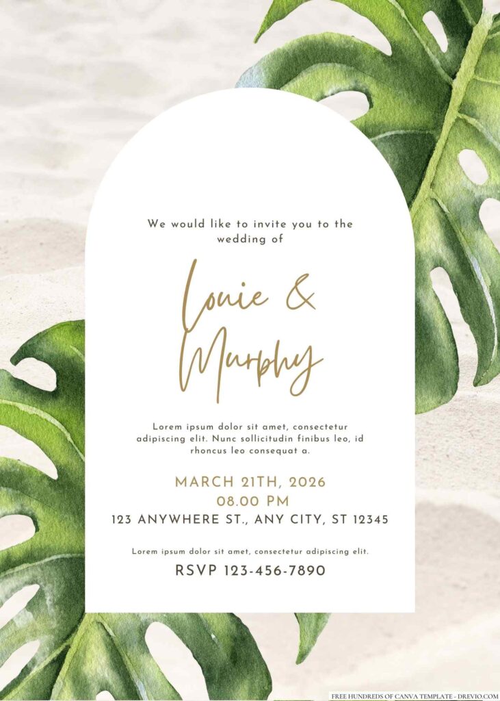 Free Editable Tropical Leaf Green Watercolor Wedding Invitation