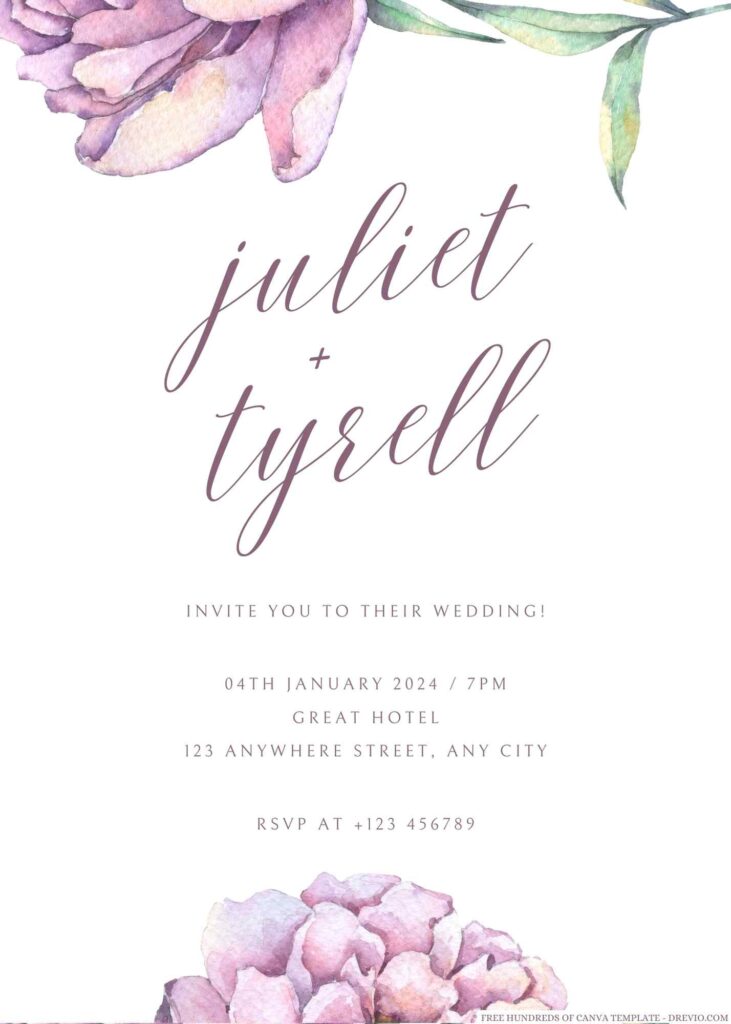 Free Editable Watercolor Violet Peony Pink Wedding Invitation