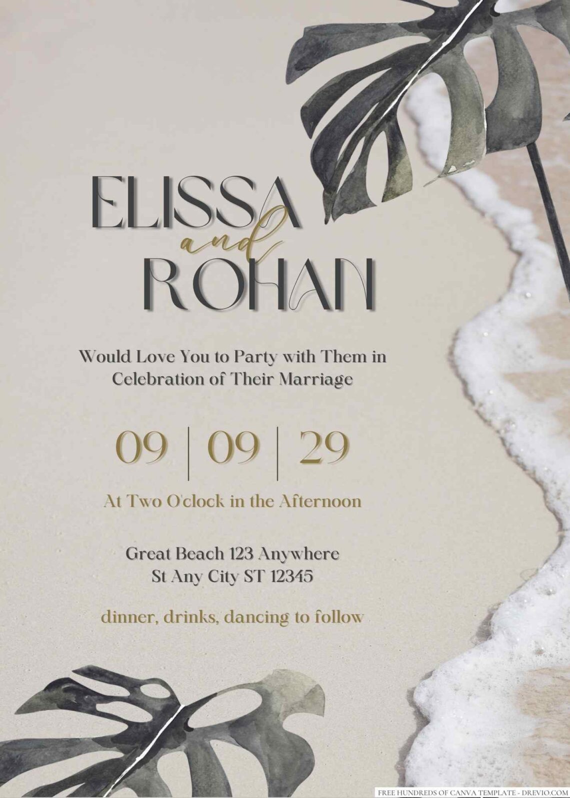 Free Editable Beach Tropical Monstera Wedding Invitation
