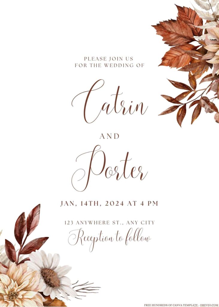 Free Editable Vintage Autumn Watercolor Wedding Invitation
