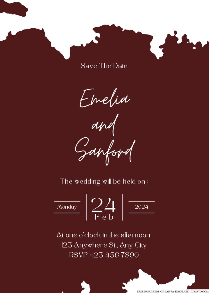 Burgundy Splash Ink White Canva Wedding Invitation Templates