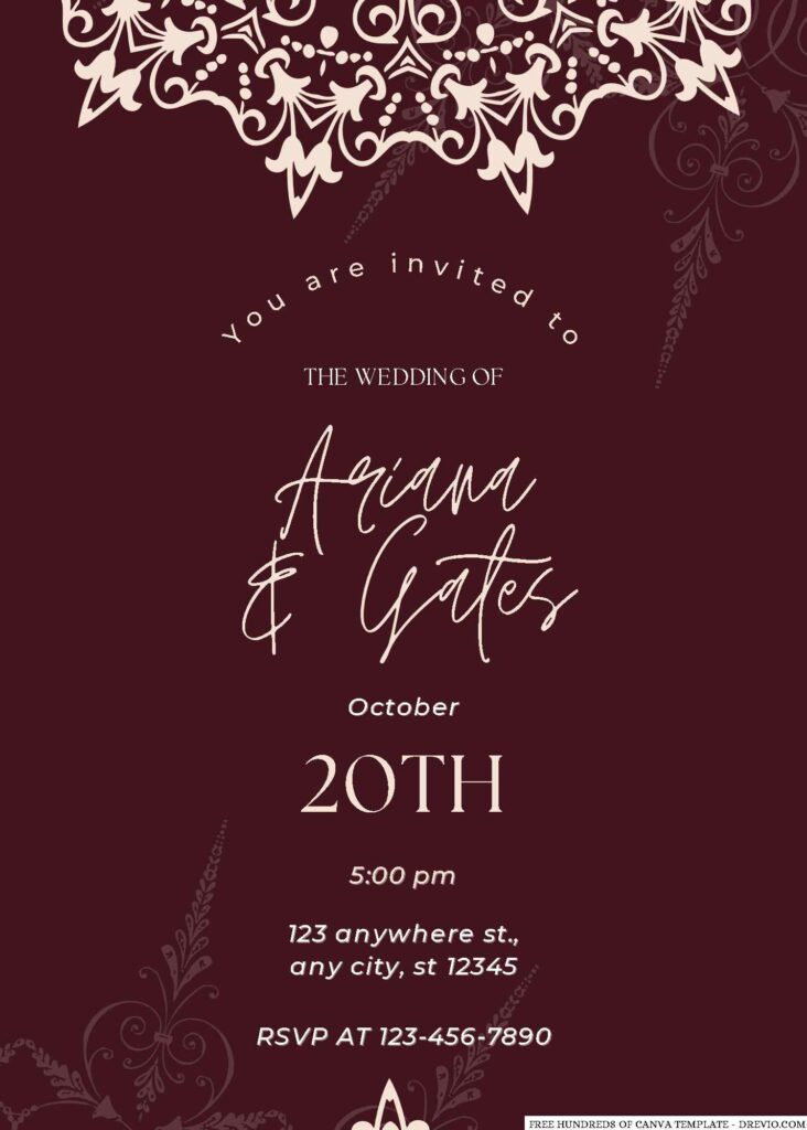 Free Editable Burgundy Random Circle Art Wedding Invitation