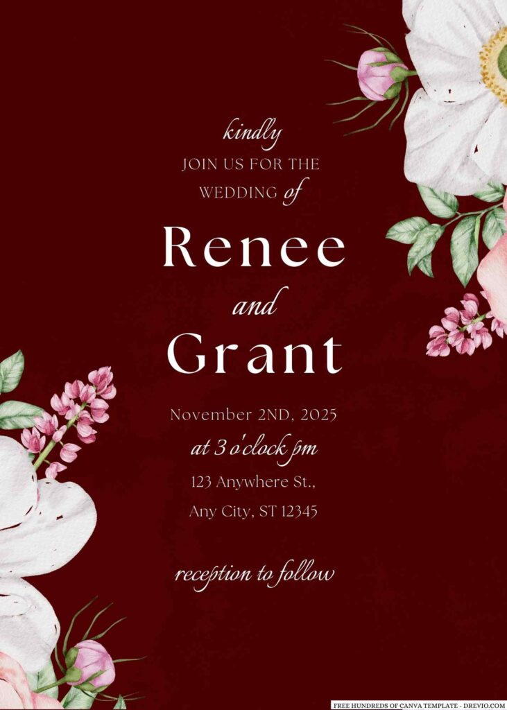 Free Editable Burgundy Pink White Flower Wedding Invitation