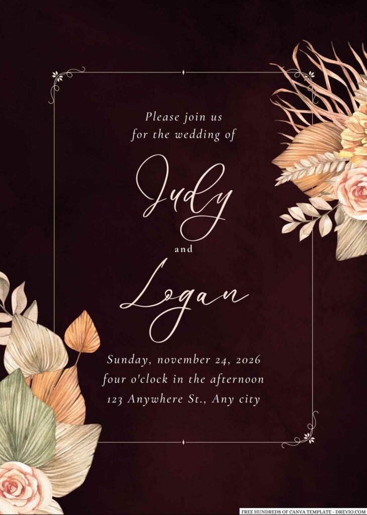 Free Editable Burgundy Dry Flower Bouquet Wedding Invitation