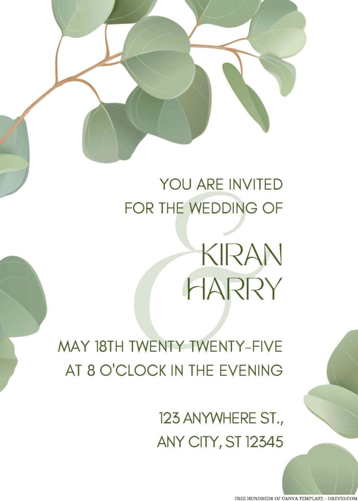 Free Editable Eucalyptus Floral Green Branches Wedding Invitation