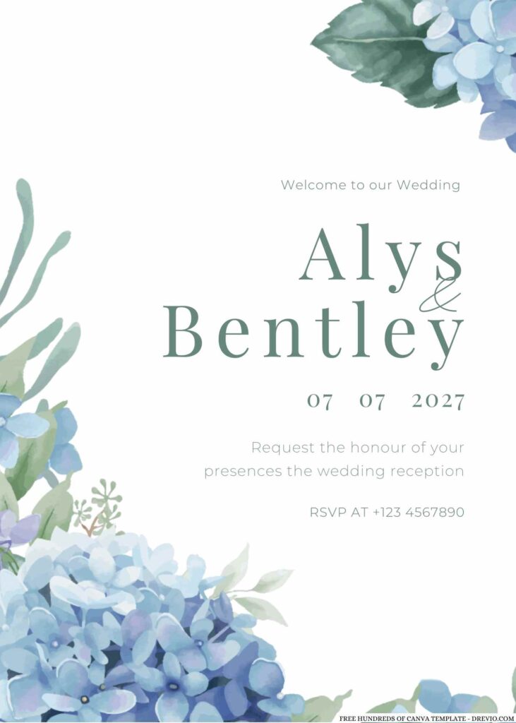 Free Editable Hydrangea Floral Green Leaves Wedding Invitation
