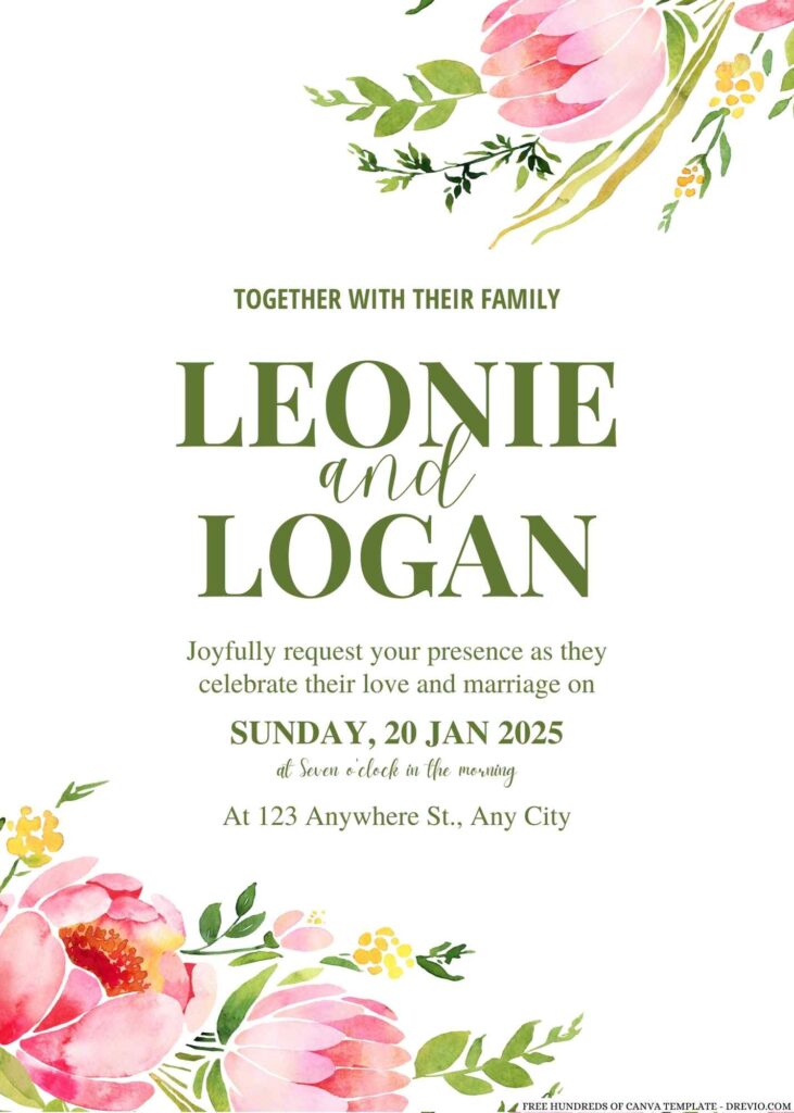 Free Editable Pink Yellow Floral Green Leaves Wedding Invitation