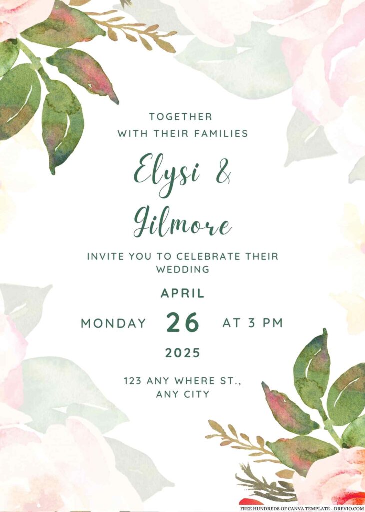 Free Editable Watercolor Green Leaves Pink Floral Wedding Invitation 