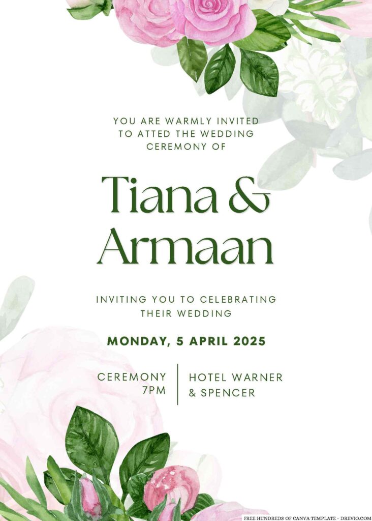 Free Editable Watercolor Green Leaves White Floral Wedding Invitation