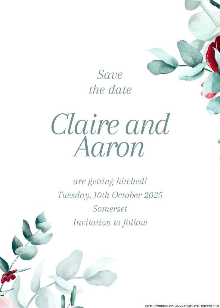 Free Editable Watercolor Red Greenery Leaves Wedding Invitation