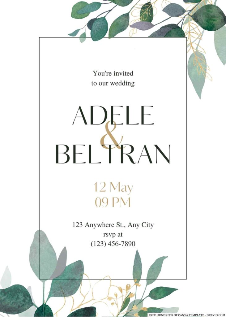 Free Editable Bouquet Green Gold Leaves Wedding Invitation