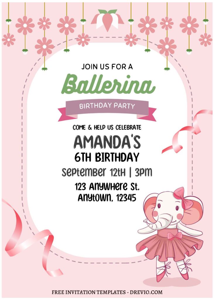 (Free Editable PDF) Pink Floral Ballerina Birthday Invitation Templates with adorable pink floral garland