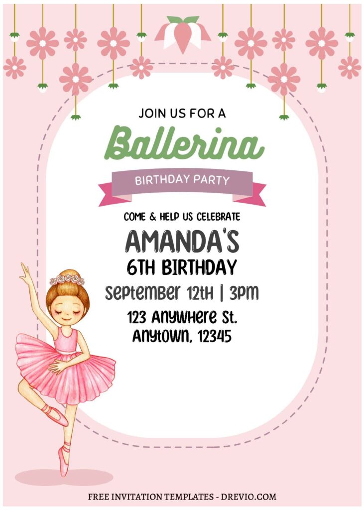 (Free Editable PDF) Pink Floral Ballerina Birthday Invitation Templates with pink ribbon