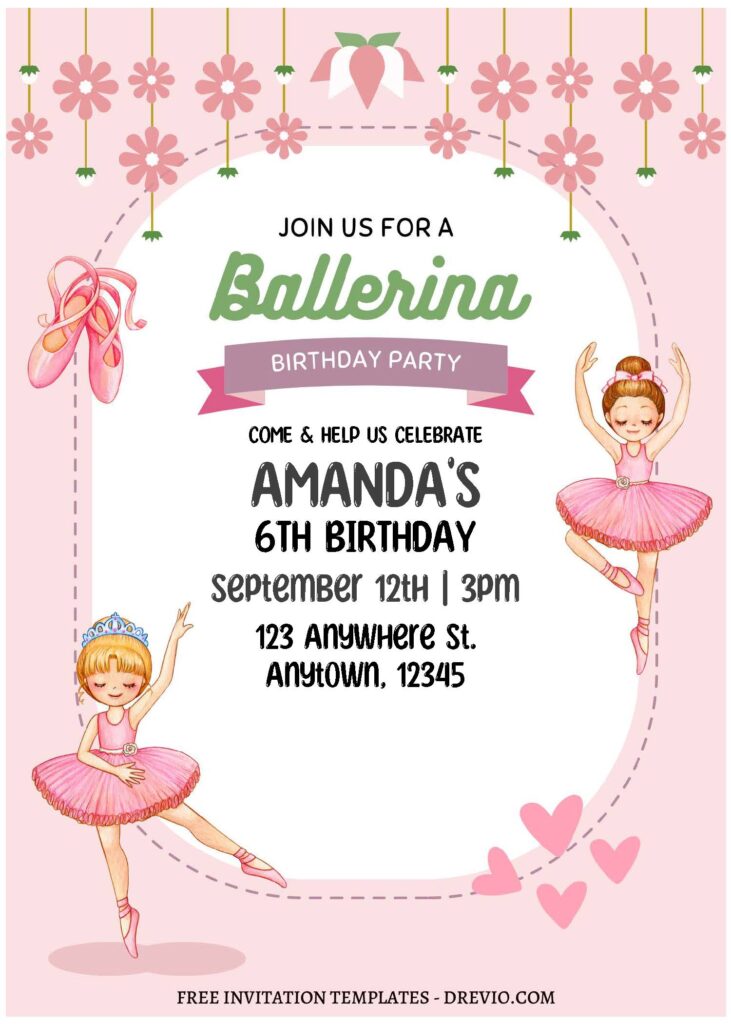 (Free Editable PDF) Pink Floral Ballerina Birthday Invitation Templates with cute pink background