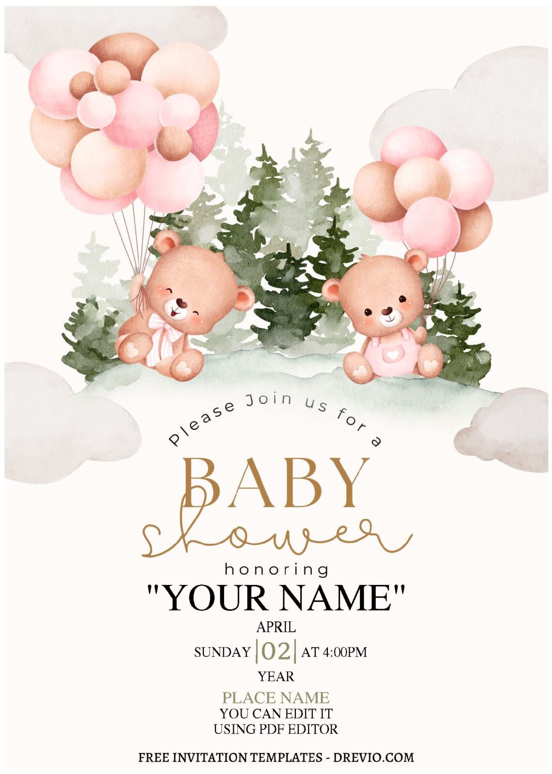 (Free Editable PDF) Adorable Baby Bear Birthday Invitation Templates B