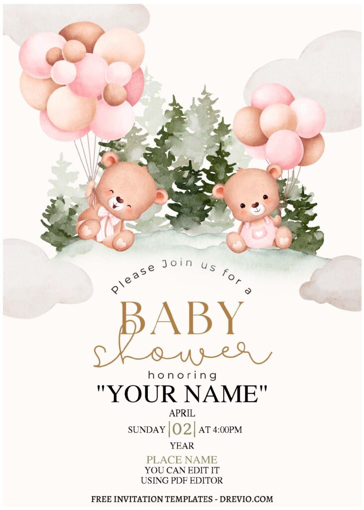 (Free Editable PDF) Adorable Baby Bear Birthday Invitation Templates B