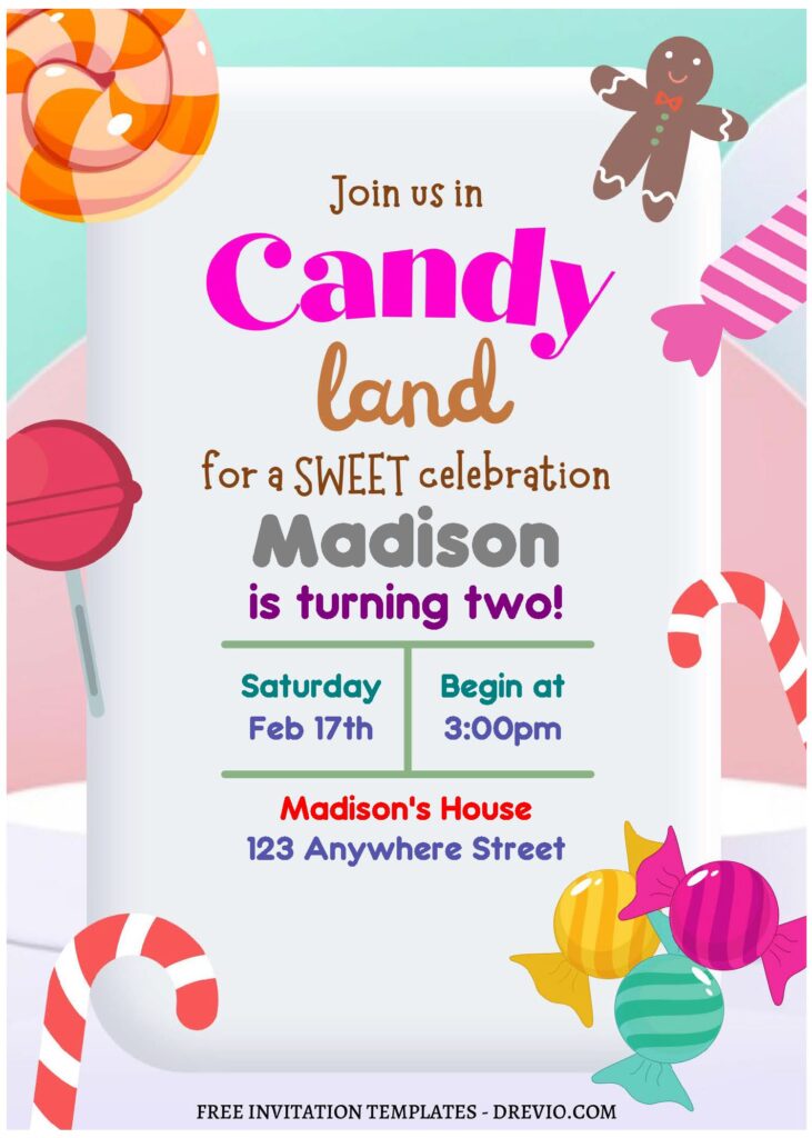 (Free Editable PDF) Sweet Candyland Birthday Invitation Templates with cute wording