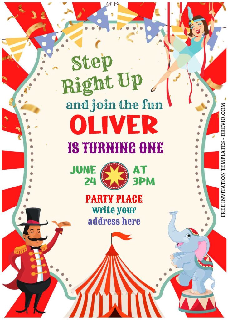 (Free Editable PDF) Adorable Carnival Circus Birthday Invitation Templates with cute balancing elephant