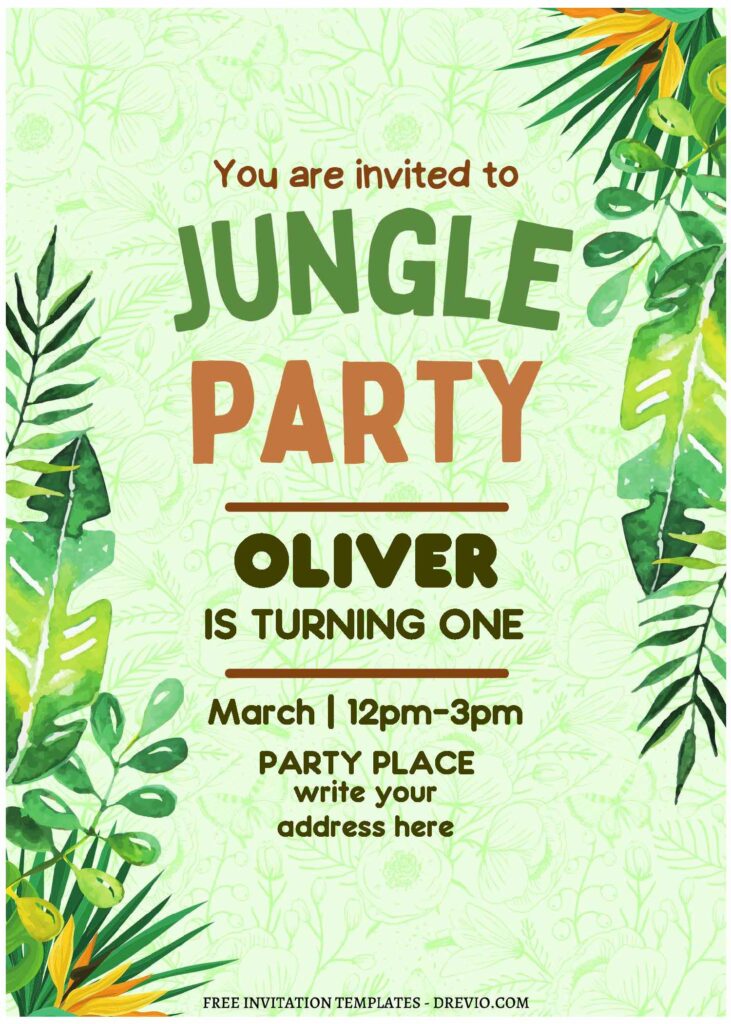 (Free Editable PDF) Bright Safari Jungle Birthday Invitation Templates with greenery leaf