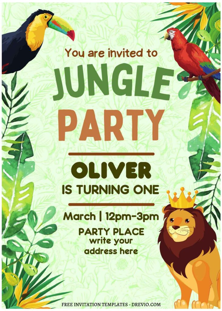 (Free Editable PDF) Bright Safari Jungle Birthday Invitation Templates with cute lion