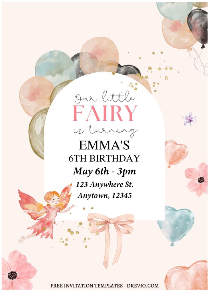 (Free Editable PDF) Pretty Garden Fairy Birthday Invitation Templates with watercolor balloons
