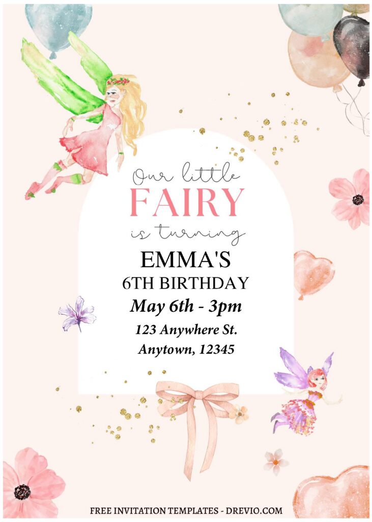 (Free Editable PDF) Pretty Garden Fairy Birthday Invitation Templates with watercolor floral