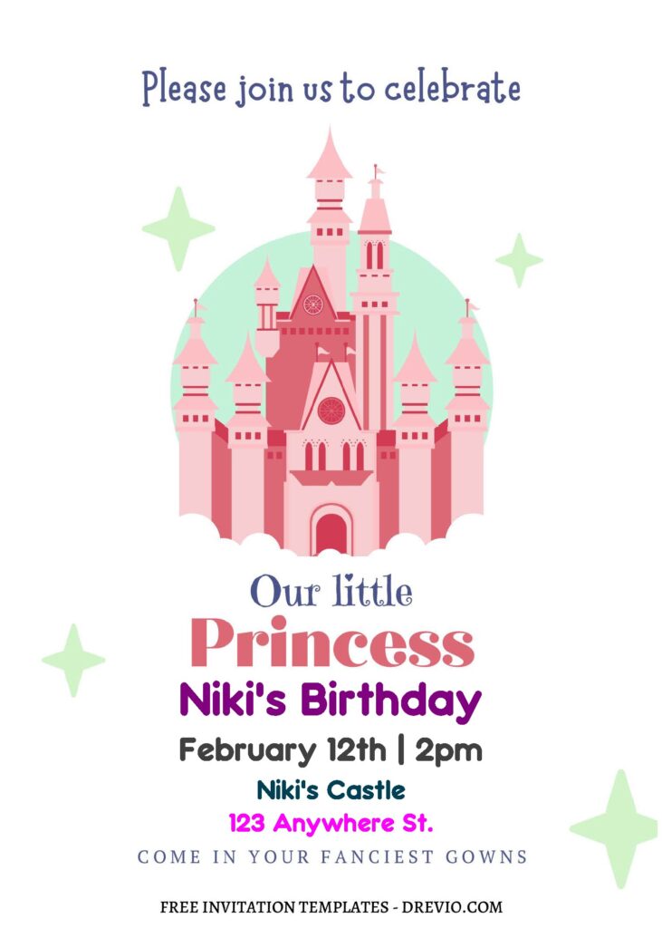 (Free Editable PDF) Whimsical Princess Castle Birthday Invitation Templates with adorable pink princess castle