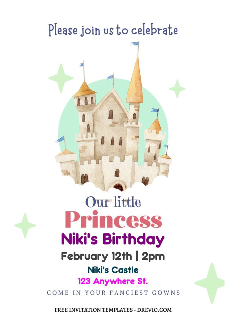 (Free Editable PDF) Whimsical Princess Castle Birthday Invitation Templates with watercolor castle