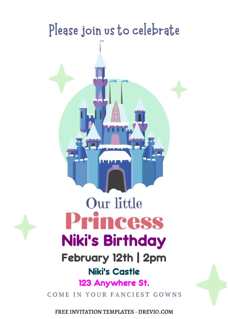 (Free Editable PDF) Whimsical Princess Castle Birthday Invitation Templates with white background