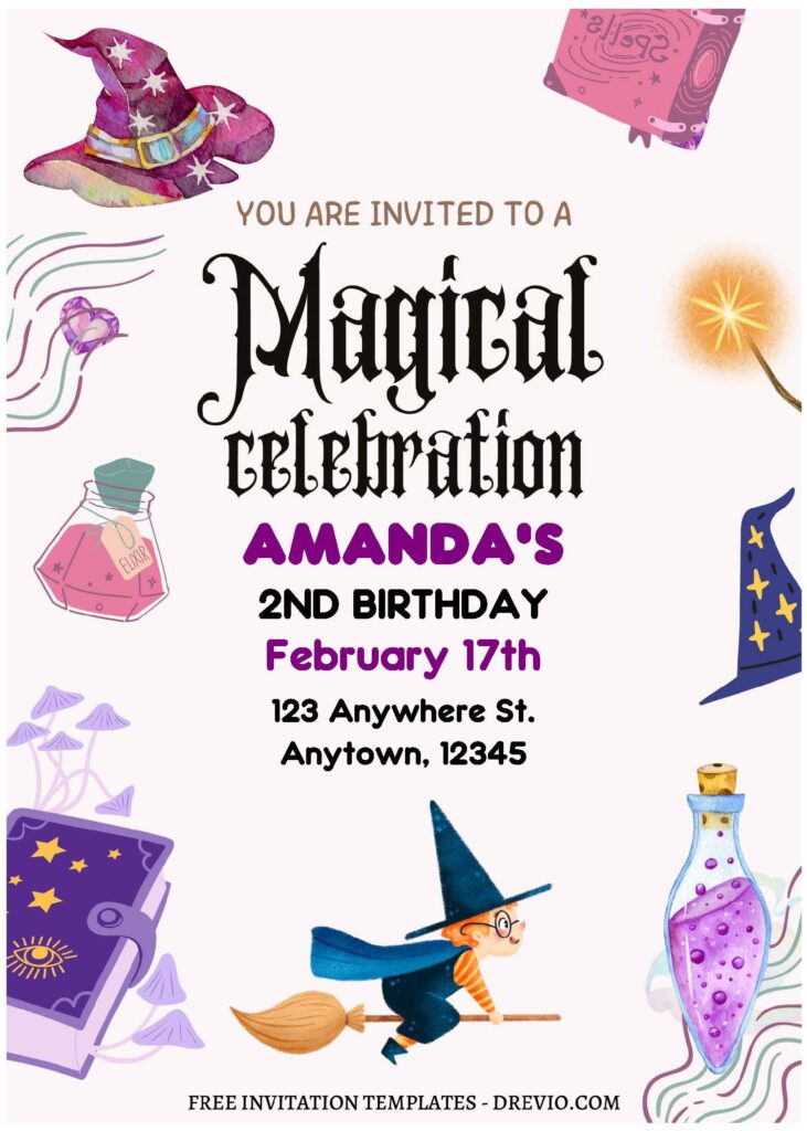 (Free Editable PDF) Magical Wizard Themed Birthday Invitation Templates with poison bottle and spell book