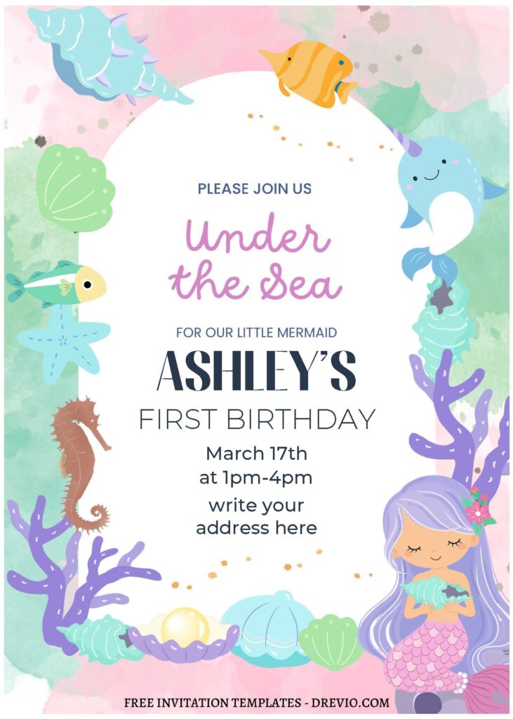 (Free Editable PDF) Splish Splash Mermaid Birthday Bash Invitation Templates with cute cartoon mermaid