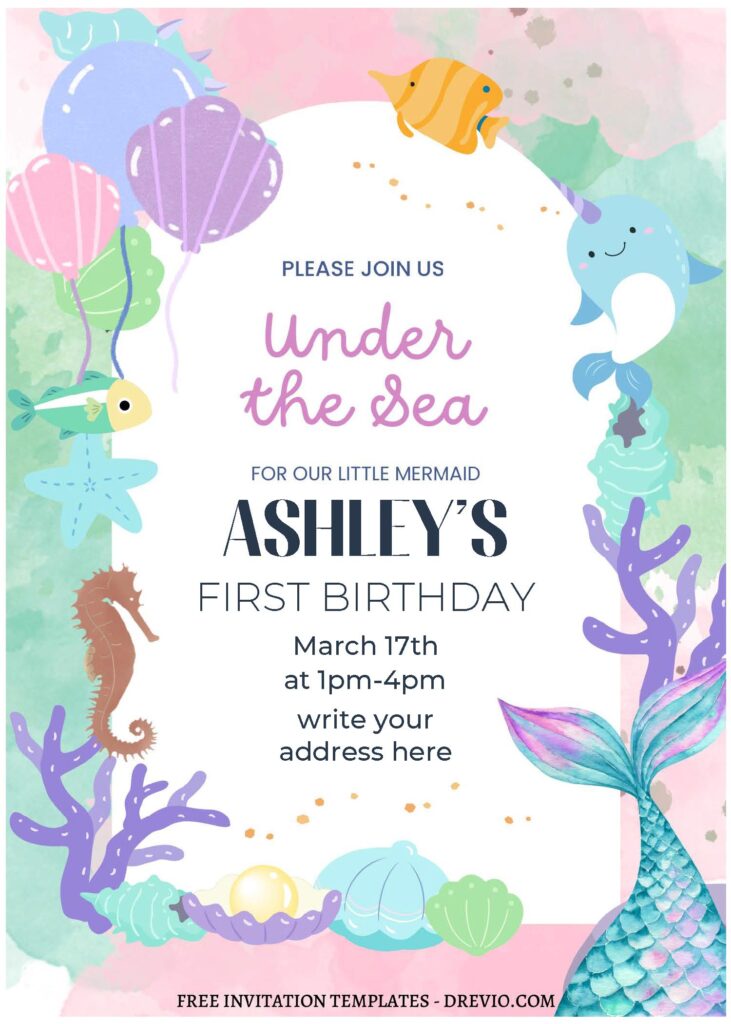 (Free Editable PDF) Splish Splash Mermaid Birthday Bash Invitation Templates with sea horse