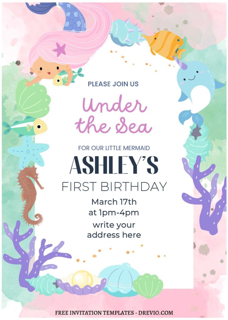 (Free Editable PDF) Splish Splash Mermaid Birthday Bash Invitation Templates with watercolor under the sea background