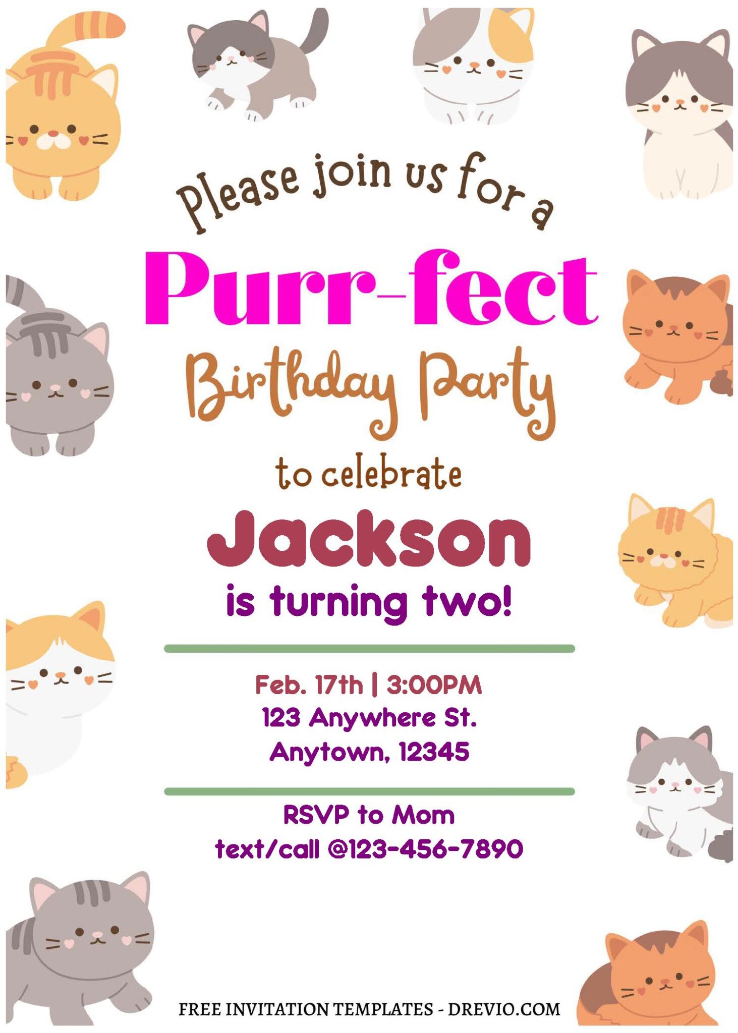 (Free Editable PDF) Cute Kitty Purrfect Birthday Invitation Templates ...