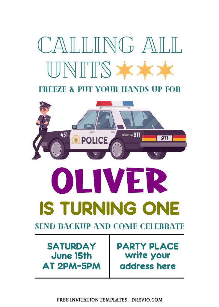 (Free Editable PDF) Police Birthday Invitation Templates For Your Son's Birthday with police car