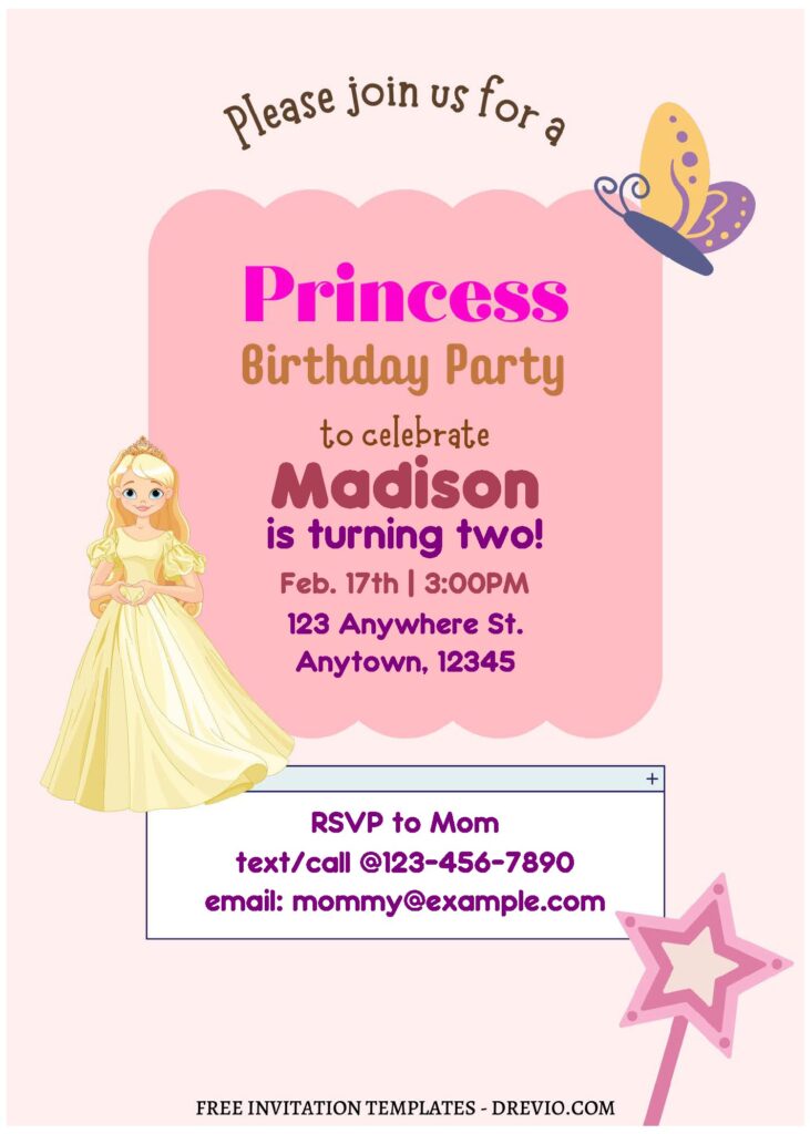 (Free Editable PDF) Magical Princess Girl Birthday Invitation Templates with editable text