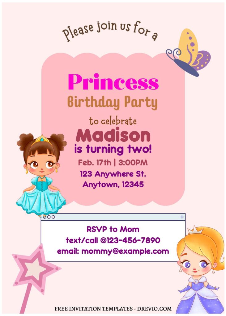 (Free Editable PDF) Magical Princess Girl Birthday Invitation Templates with adorable little princess