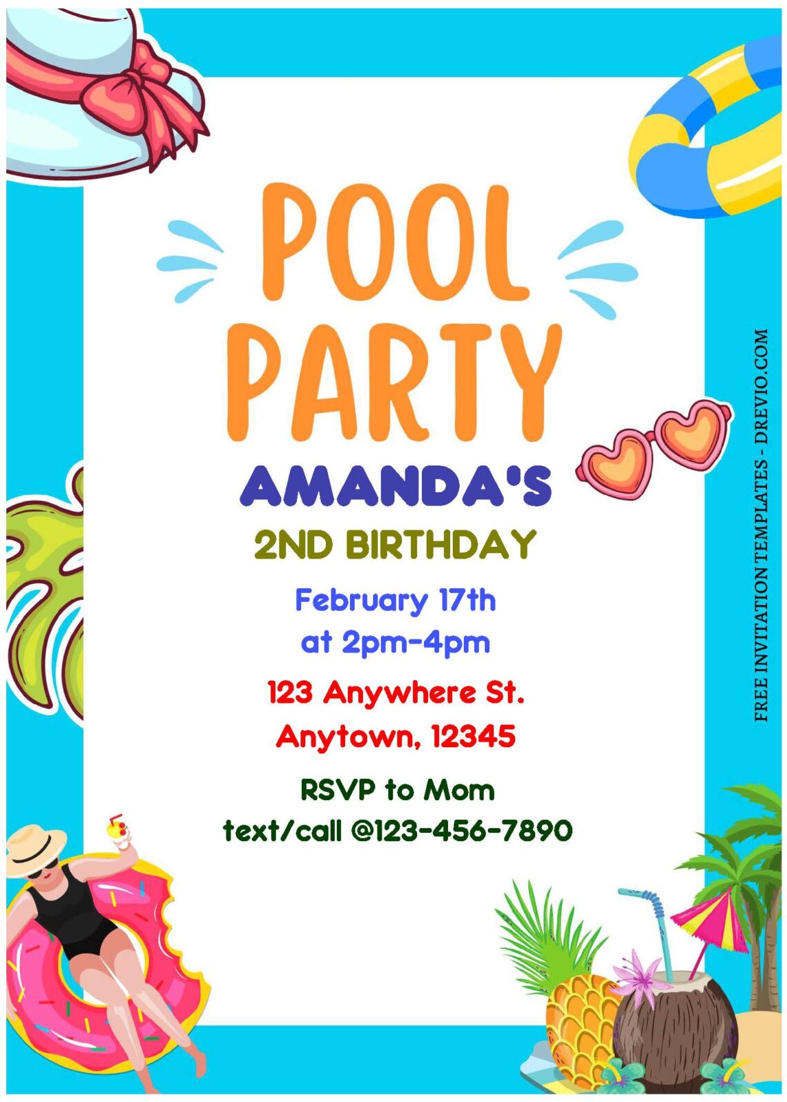 (Free Editable PDF) Adorable Summer Pool Kids Birthday Party Invitation Templates C