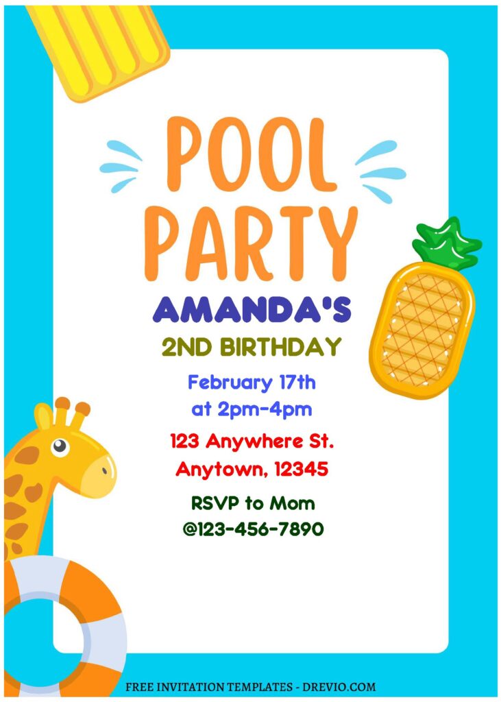 (Free Editable PDF) Adorable Summer Pool Kids Birthday Party Invitation Templates A