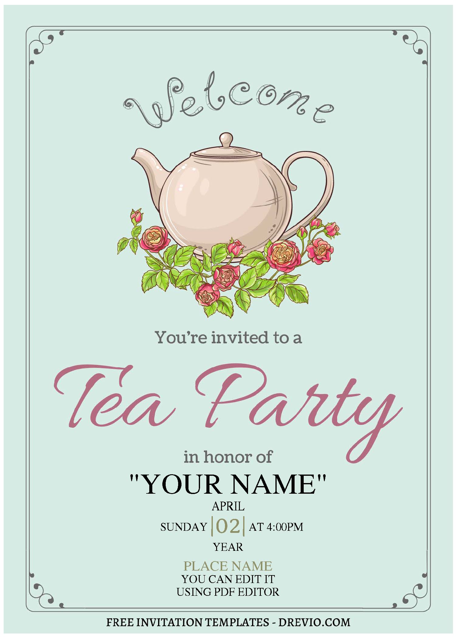 (Free Editable PDF) Adorable Tea Party Birthday Invitation Templates A