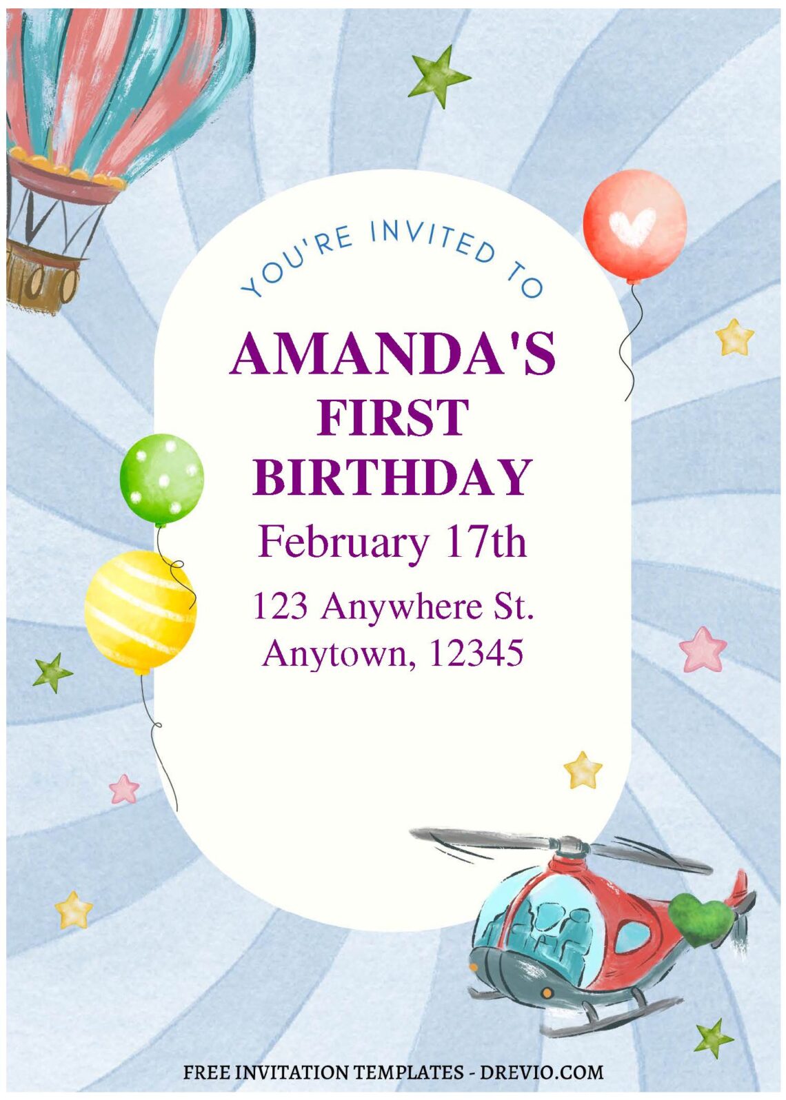(Free Editable PDF) Watercolor Transportation Kids Birthday Invitation Templates C