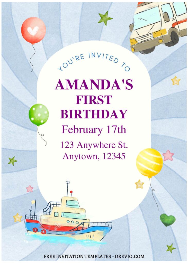(Free Editable PDF) Watercolor Transportation Kids Birthday Invitation Templates A